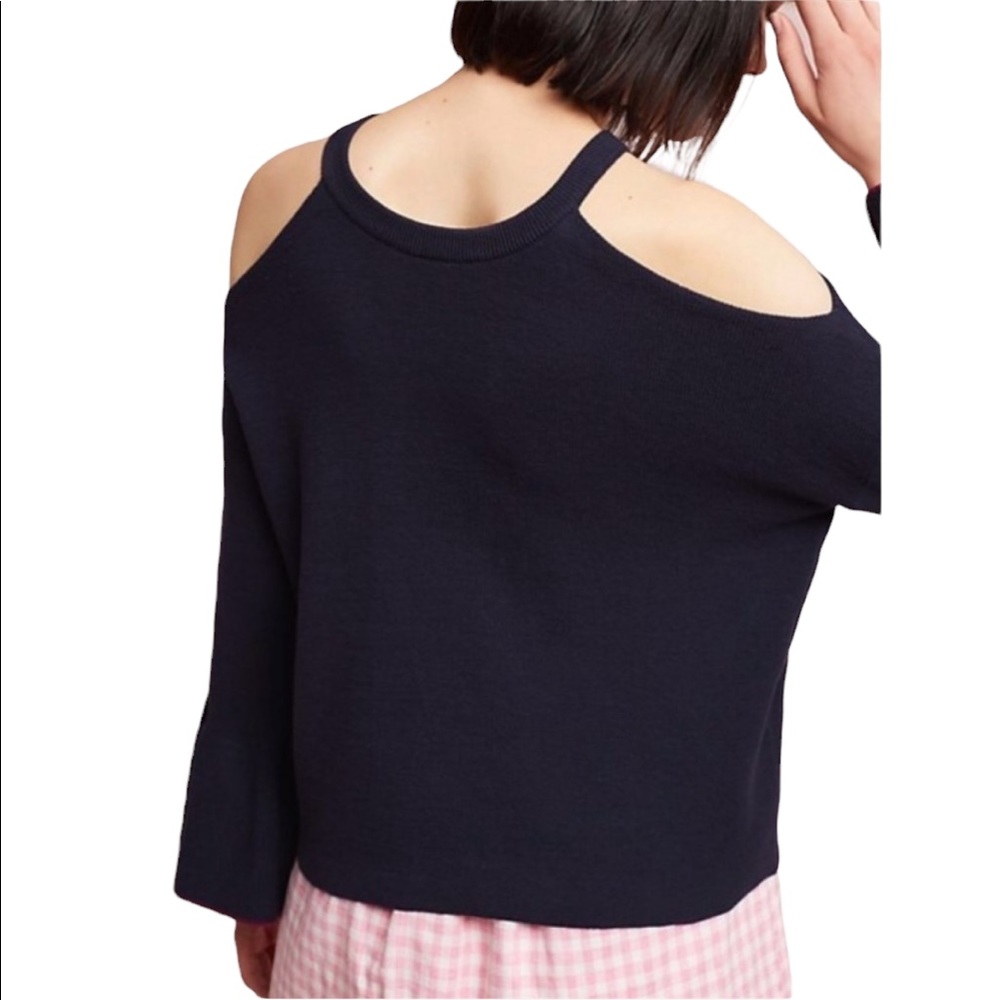 ANTHRO Knitted & Knotted Cold Shoulder Navy Knit Bell Sleeve Sweater Size XS - Picture 2 of 6